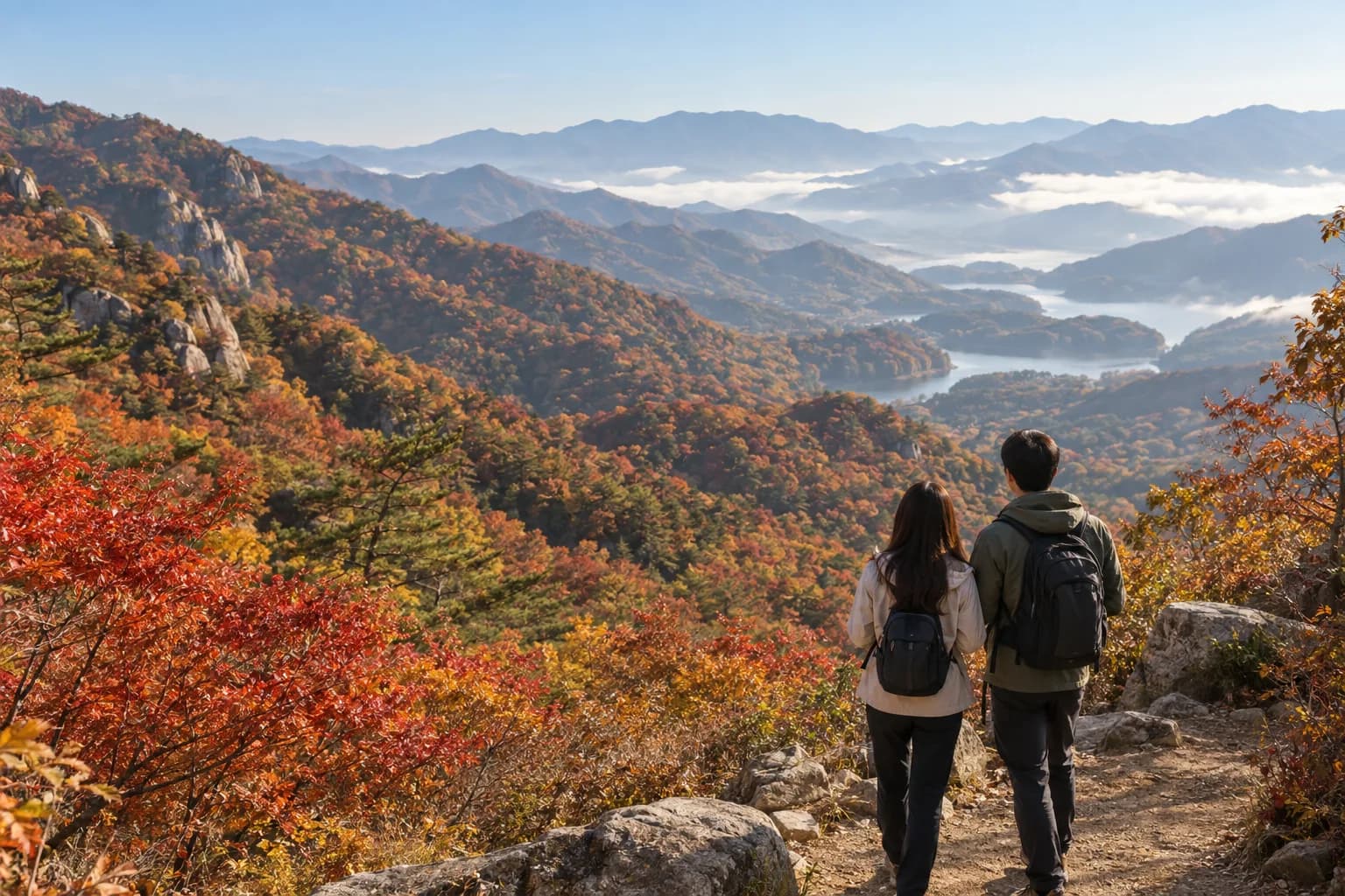 연인이 단풍 든 산 능선을 바라보는 가상 산행 장면 · AI 생성 이미지, 실제 명소 아님